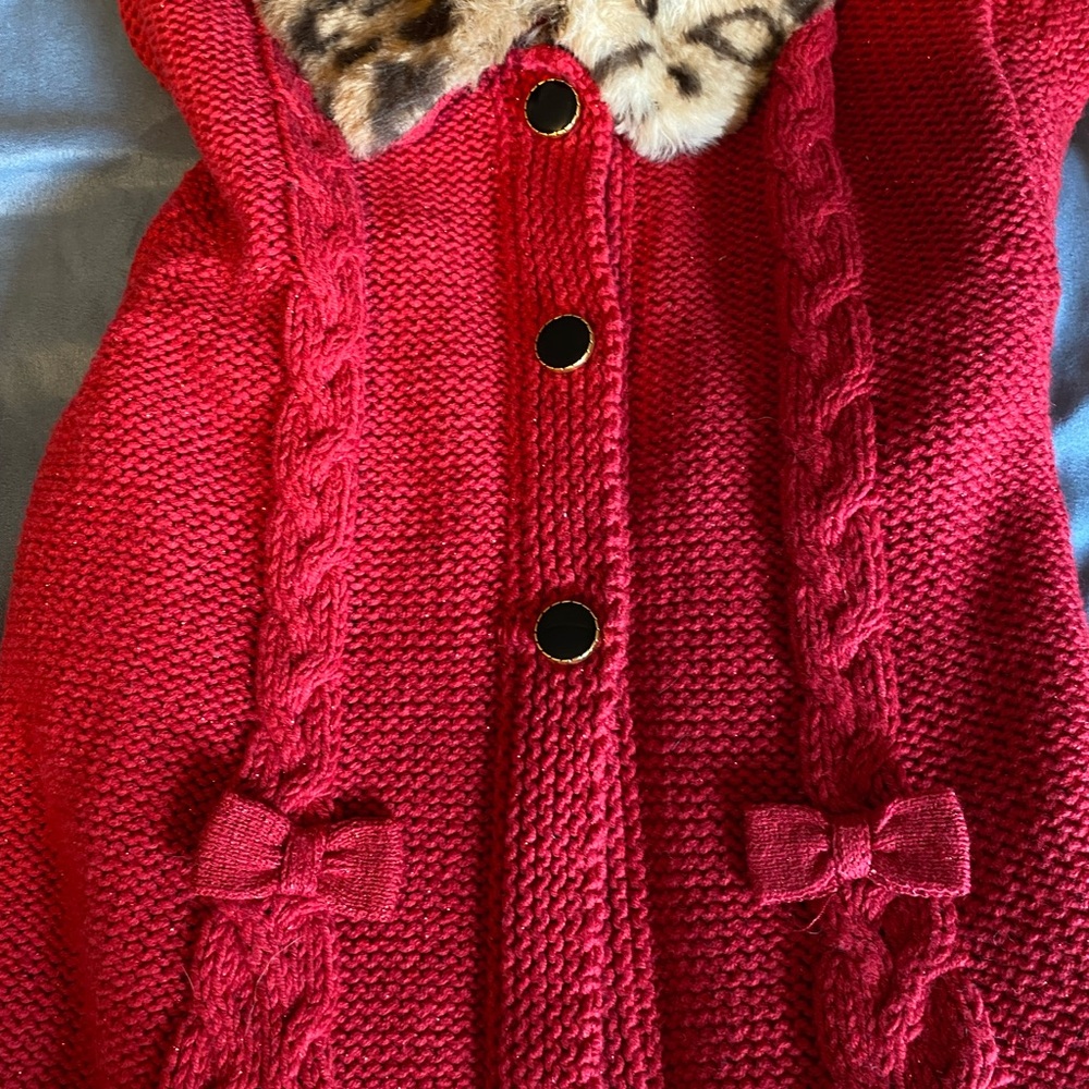 Girls red sweater with leopard faux fur collar. Size 6X